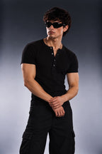 BLACK CLASSIC RIBBED HALF HENLEY