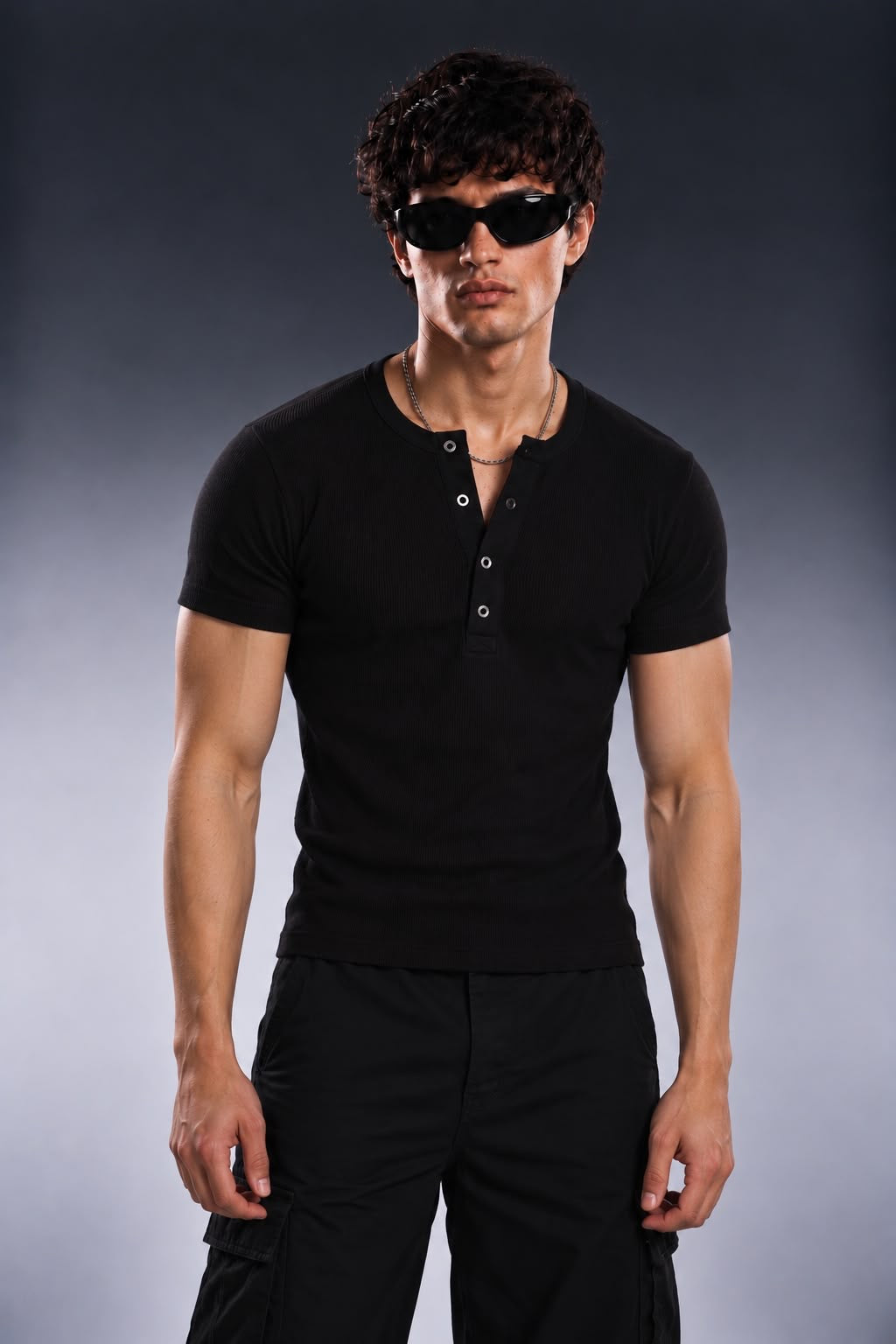 BLACK CLASSIC RIBBED HALF HENLEY