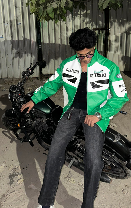 Apex racer green leather jacket