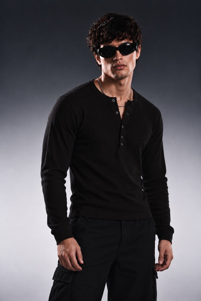 BLACK CLASSIC RIBBED HENLEY