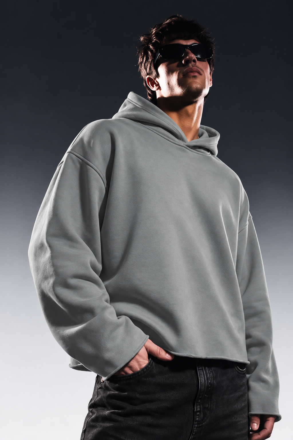 STEEL GREY CROPPED ESSENTIAL HOODIE