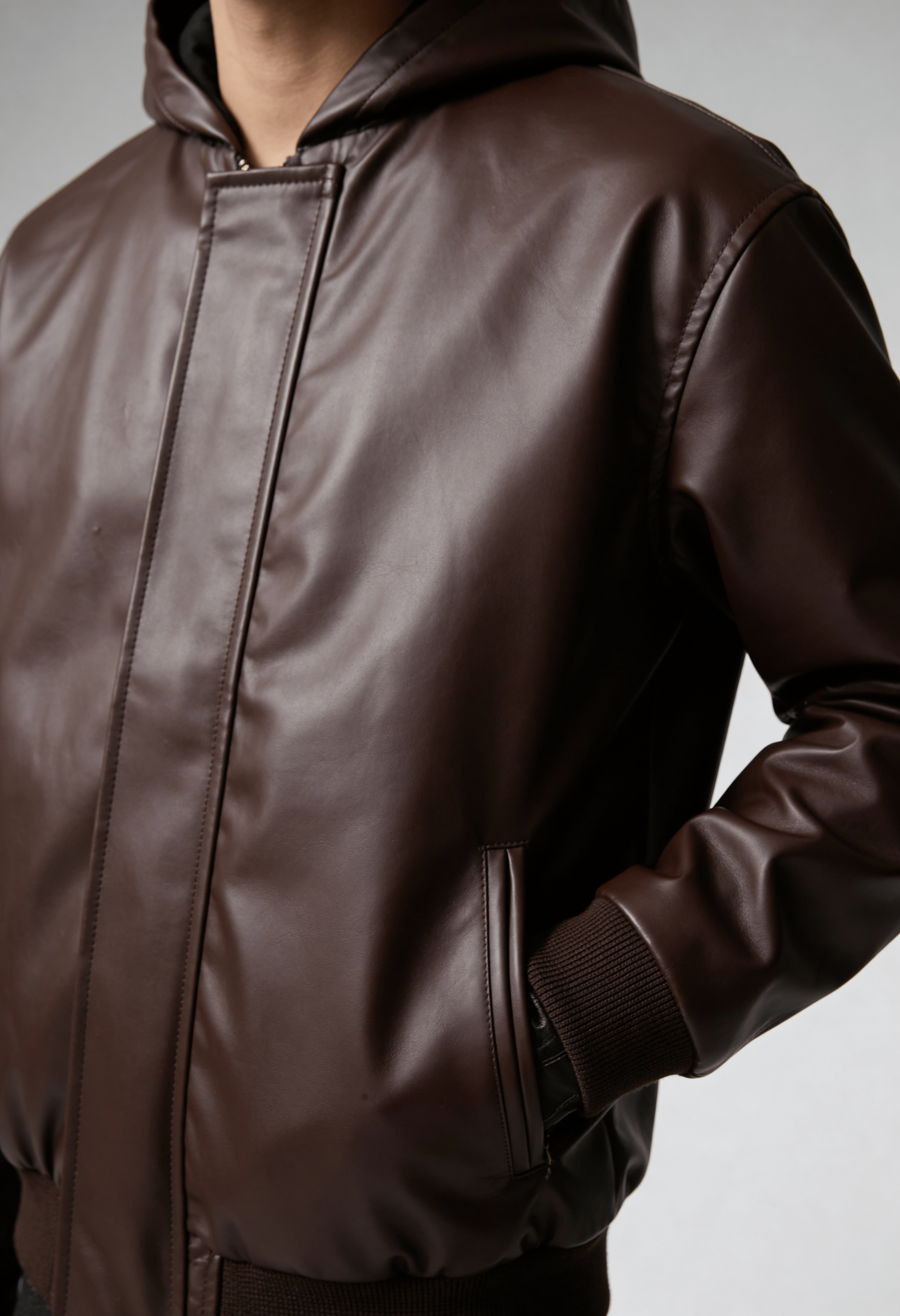 MOCHA CLASSIC HOODED LEATHER JACKET (EOSS)