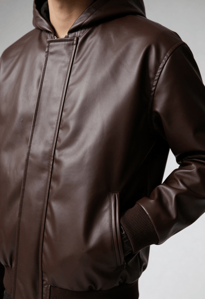 MOCHA CLASSIC HOODED LEATHER JACKET (EOSS)