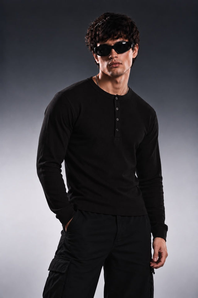 BLACK CLASSIC RIBBED HENLEY
